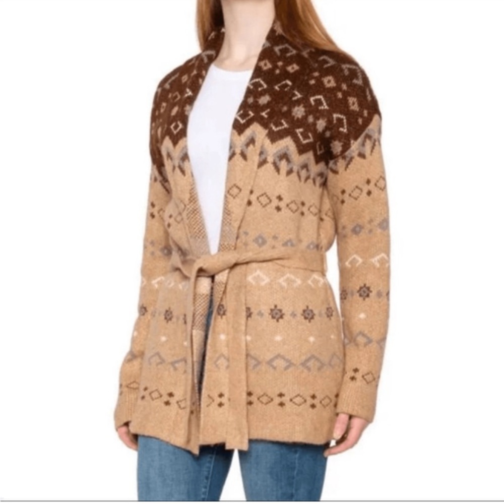 NWT Lucky Brand Fair Isle belted cardigan shawl collar apres ski boho Aztec S